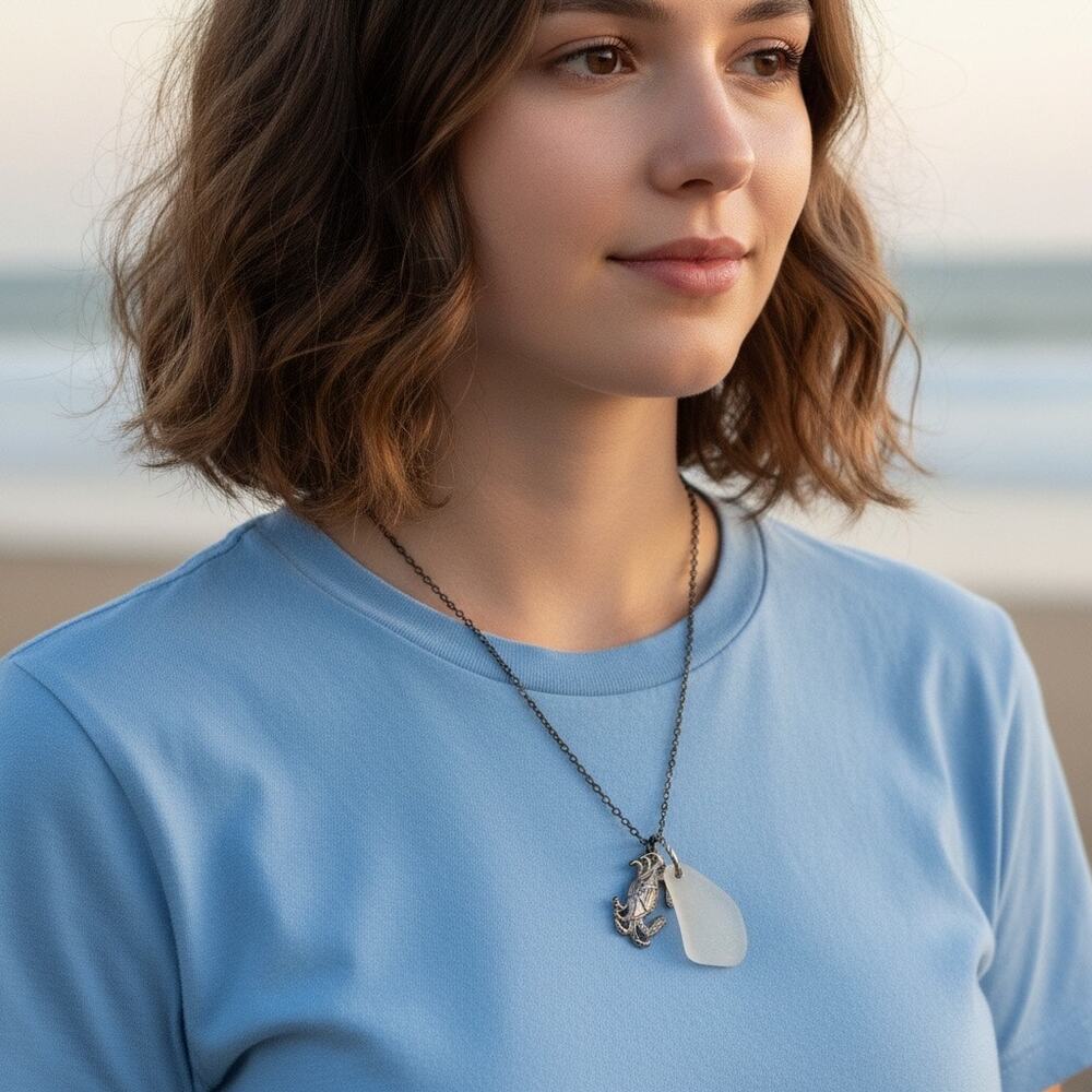 3/$25 - Ocean Necklace Crab Charm Sea Glass Pendant Beach Jewelry